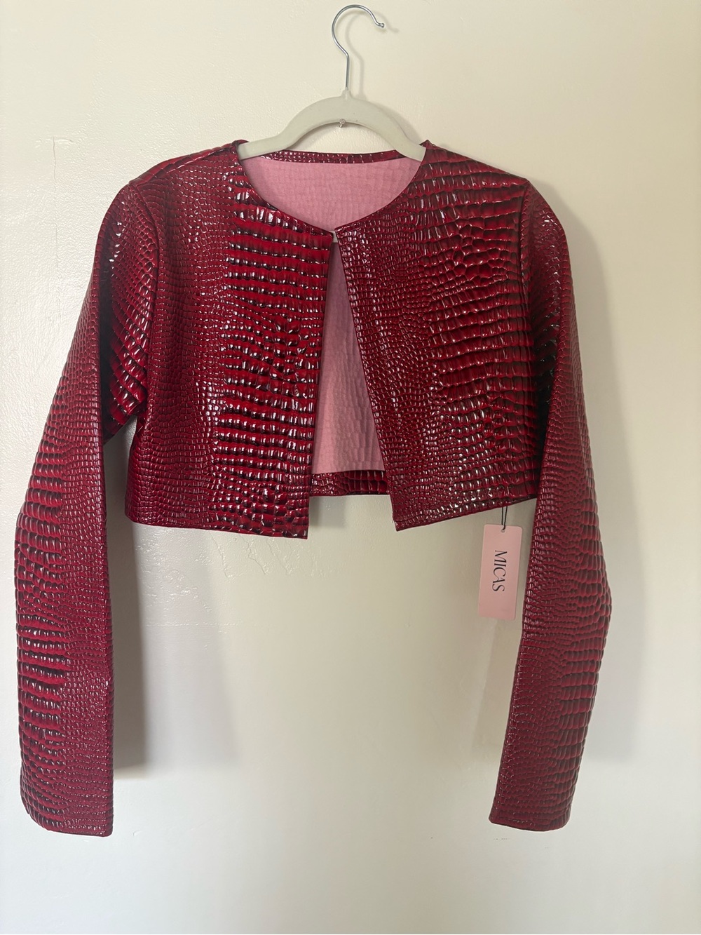 MICAS Red Faux-Croc Cropped Leather Jacket Size L